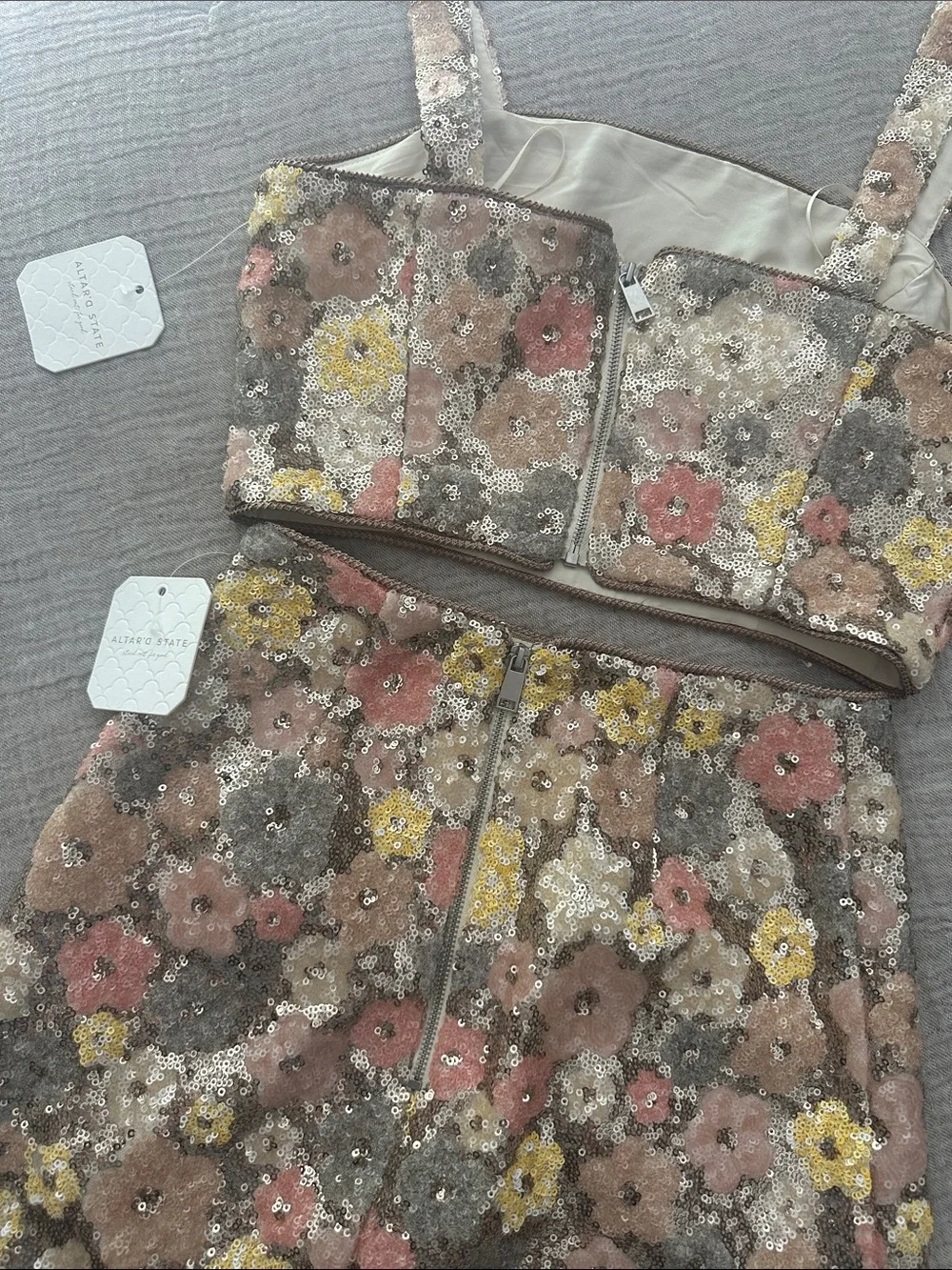 Altar'd State Sequin Floral Mini Skirt - Pink, Yellow & Cream Two Piece